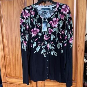 NEW! Karen Scott Black Cardigan with Pink Floral Print